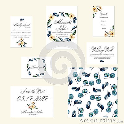 Template cards set with watercolor pink flowers and eucalyptus branches Stock Photo