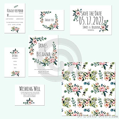 Template cards set with watercolor pink flowers and eucalyptus branches Stock Photo