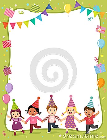 Template with cartoon of happy kids for invitation or birthday party card Vector Illustration