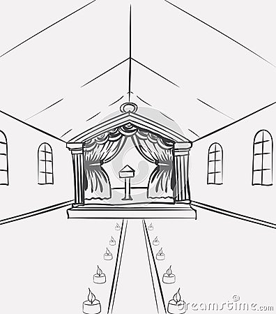 Template of celebration hall for event designers or wedding planners. Sketch illustration european view church indoor Vector Illustration