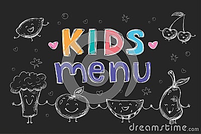 Template for children menu. Hand drawn different cartoon fruits, vegetables. Line art. Doodle of various happy food Vector Illustration