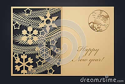 Template Christmas cards for laser cutting. Through silhouette New Year`s picture. vector illustration. Vector Illustration