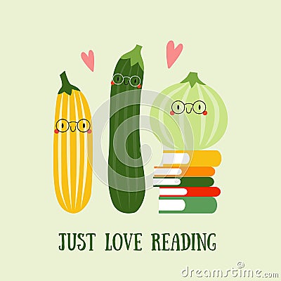 Kawaii Cartoon Zucchini with books. Vector Illustration