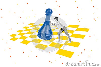 Template collage of young amateur chess game player woman pushing huge figure to win strategical battle isolated on Stock Photo