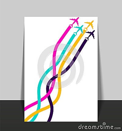 Template with colorful airplanes. business avia card with four airplanes with tapes. Travel of airplane, for travel.vector Vector Illustration