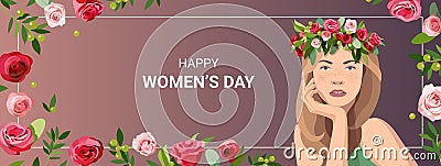 Template for a colorful spring banner with a beautiful young woman and flowers. Portrait of an elegant lady with Vector Illustration