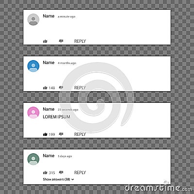 Template of comments. Leave a comment on the video. Reply to comment. To make me like it. Vector Illustration