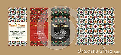 Template for creating packaging design for elite Ceylon, Indian tea in national style. Bonus - ethnic seamless pattern. Vector Illustration