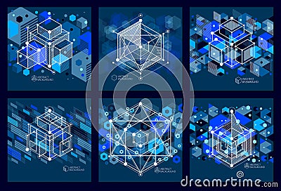 Template 3D dark blue design layout for brochures set Vector Illustration