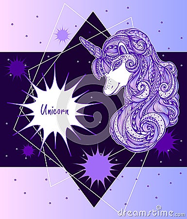 Template with Decorative ornamental Zen tangle Zen doodle Unicorn pink lilac dark blue Vector Illustration