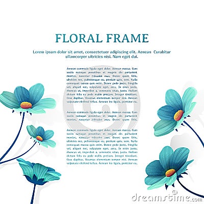 Template design banner with flower decor. Place for you text. Summer blue flower frame. Vector. Vector Illustration