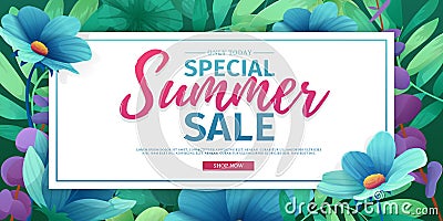 Template design banner for summer offer. Special sale advertising with floral frame. Summer advertising logo on flower Vector Illustration