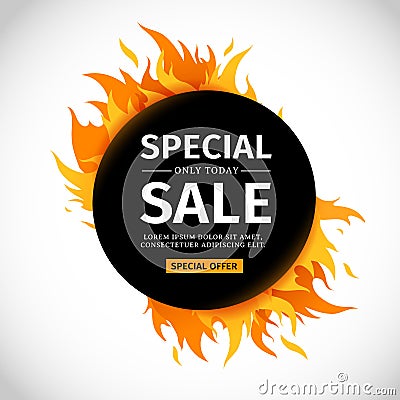 Template design circle banner with Special sale. Black round card for hot offer with frame fire graphic. Advertising Vector Illustration