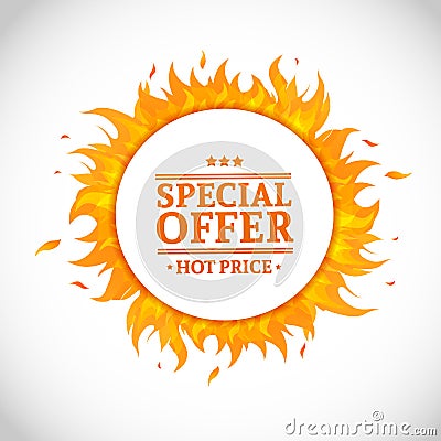 Template design circle banner with Special sale. Card for hot offer with frame fire graphic. Advertising poster layout Vector Illustration