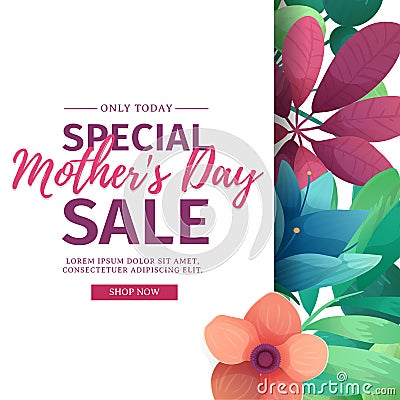 Template design discount banner for happy mother`s day. Square poster for special mother`s day sale with flower Vector Illustration