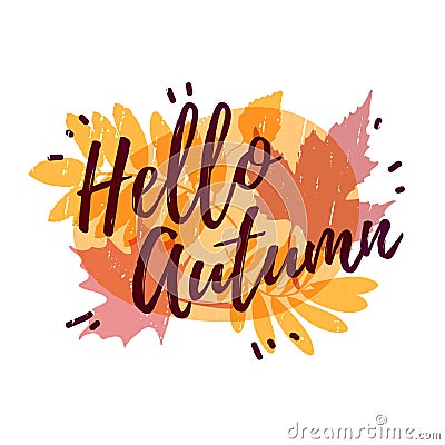 Template design of logos, stamps, badges, labels Hello, Autumn. Fall season banner on colored silhouette autumnal herb Vector Illustration