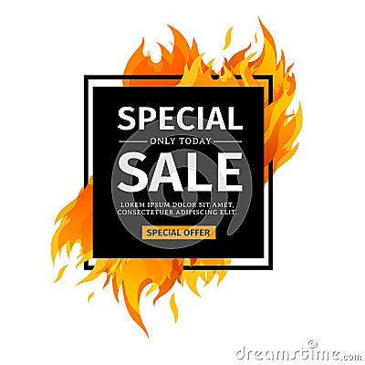 Template design square banner with Special sale. Black card for hot offer with frame fire graphic. Advertising poster Vector Illustration