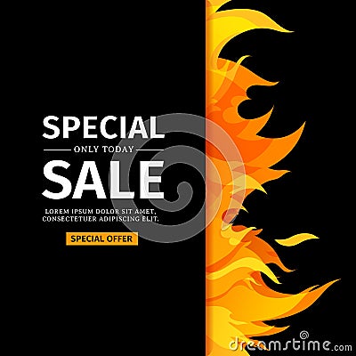 Template design vertical banner with Special sale. Card for hot offer with frame fire graphic. Invitation layout Vector Illustration