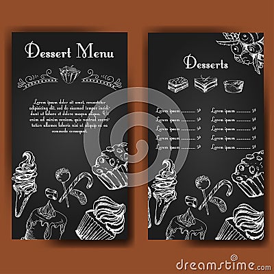 Template for dessert menu with sweet tasty cakes. Hand drawn design for poster, restaurant menu. Bakery sketch background Vector Illustration