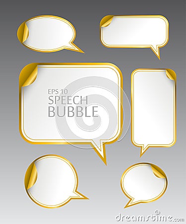 Template of different empty gold speech bubbles with curved corner for dialogue and thought communication Vector Illustration