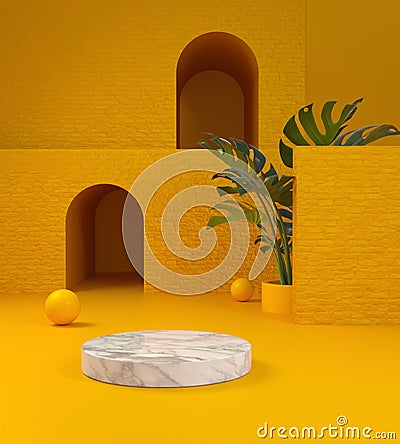 Template Display Marble And Abstract Yellow Building Background 3d render Stock Photo
