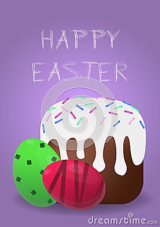 Template Easter violet card with realistic eggs and cake. Vector holiday background Vector Illustration