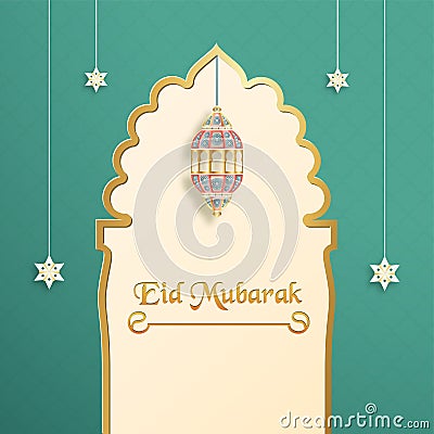 Template for Eid Mubarak with green and gold color tone. 3D Vector illustration in paper cut and craft for islamic greeting card Cartoon Illustration