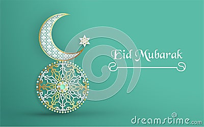 Template for Eid Mubarak with green and gold color tone. 3D Vector illustration in paper cut and craft for islamic greeting card Cartoon Illustration