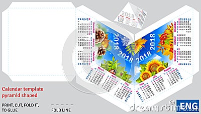 Template english calendar 2018 by seasons pyramid shaped Vector Illustration