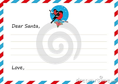 Template envelope New year`s letter to Santa Claus. Icon bullfinches. Vector illustration. Flat design. Vector Illustration