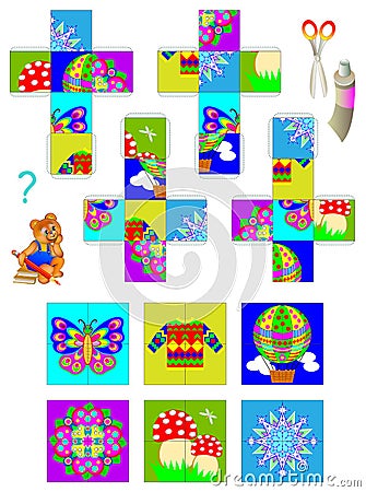 Template with exercise for children. Using scissors and glue need to make four cubes, then put together the pictures of them. Vector Illustration