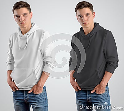 Template fashion mockup white and black hoodie on a man, front view Stock Photo