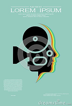 Template for festival retro cinema. Silhouette of cinema projector inside human head. Vintage film design with place for your text Stock Photo