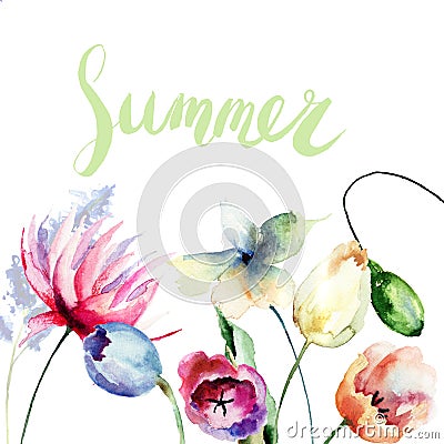 Template for floral card with title Summer Cartoon Illustration