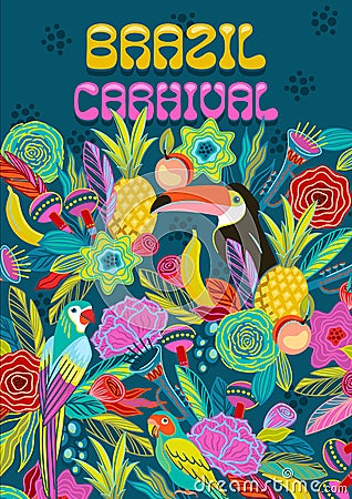 Template with flowers, fruits, birds, musical instruments. Brazil carnival. Vector design for carnival concept and other Vector Illustration