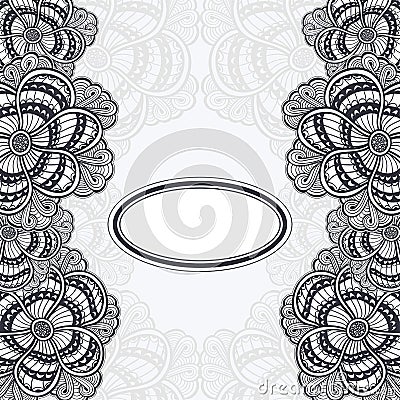 Template flyer or banner or frame with Zen-doodle flowers black on white Vector Illustration