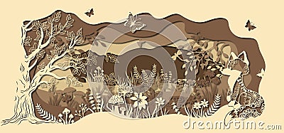 Template fox on glade for to cut with a laser from paper. Line with mushrooms, grass, and butterflies, wood and flowers. For Vector Illustration
