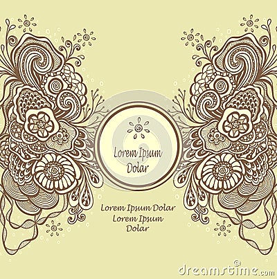 Template frame with unique Doodle elements in vintage handmade style in beige Vector Illustration