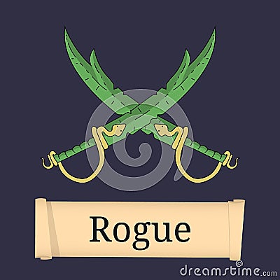 Template of Game Character, Class. Rogue, Thief, Knave Classes. Attributes of rogue isolated on dark background. Vector Vector Illustration