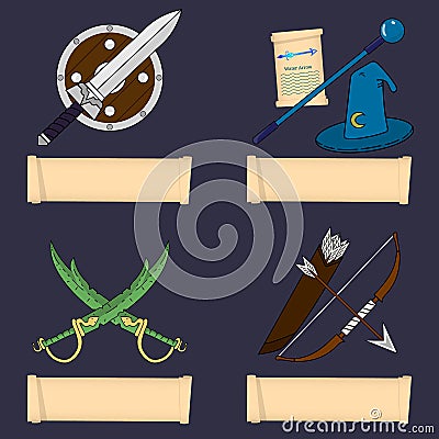 Template of Game Character, Class. Warrior, Wizard, Rogue, Ranger. Main Role Classes. Select Your Class. Vector Illustration. Vector Illustration