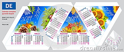 Template german calendar 2019 by seasons pyramid shaped Vector Illustration