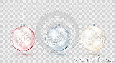 Template of glass transparent Christmas balls. Element christmas decorations. Shiny colorful toys with golden red and blue glow. Vector Illustration