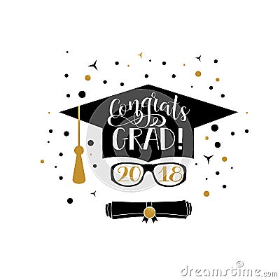 Congrats Grad 2018 lettering. Congratulations Graduate banner. Graduation cap and diploma rolled scroll flat design icon. Finish e Stock Photo