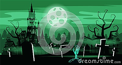 Template Halloween holiday graveyard, black abandoned castle, gloomy autumn forest, panorama, moon, crosses and Vector Illustration