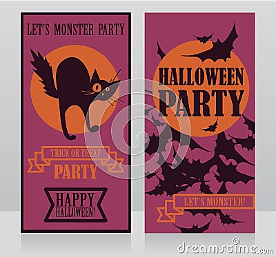 Template for halloween party invitations with traditional cartoon style black cat and bats Vector Illustration