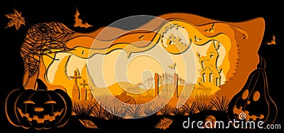 Template Halloween, pumpkin, spider web, bat, graves for to cut with a laser from paper. For decoration and design. Template for Vector Illustration