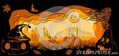 Template Halloween, pumpkin, spider web, bat, graves for to cut with a laser from paper. For decoration and design. Template for Vector Illustration