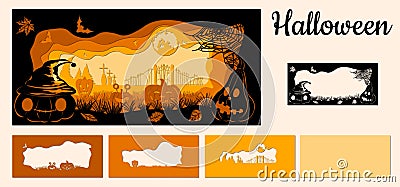 Template Halloween, pumpkin, spider web, bat, graves for to cut with a laser from paper. For decoration and design. Template for Vector Illustration