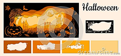 Template Halloween, pumpkin, spider web, bat, graves for to cut with a laser from paper. For decoration and design. Template for Vector Illustration