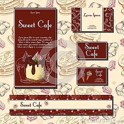 Template with hand drawn sketch bakery. Dessert cards with sweet bakery. Can be used identity style for cafe or restaurant. Vector Illustration